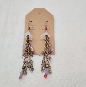 Lilly Of The Valley Chain Dangle Earrings with Purple Glass and Crystal Accents